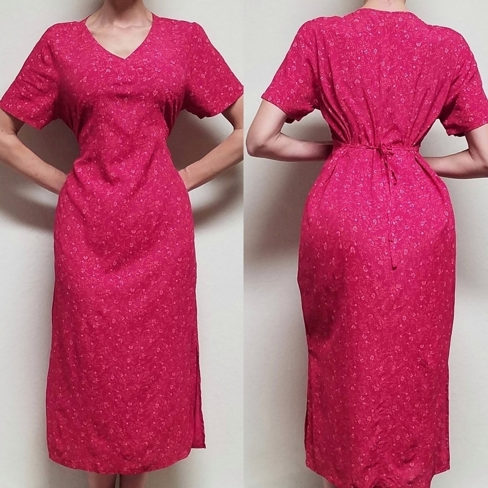 Vintage Cherokee Spring Pink Ditsy Floral Short Sleeve Tie-Waist Maxi Dress M